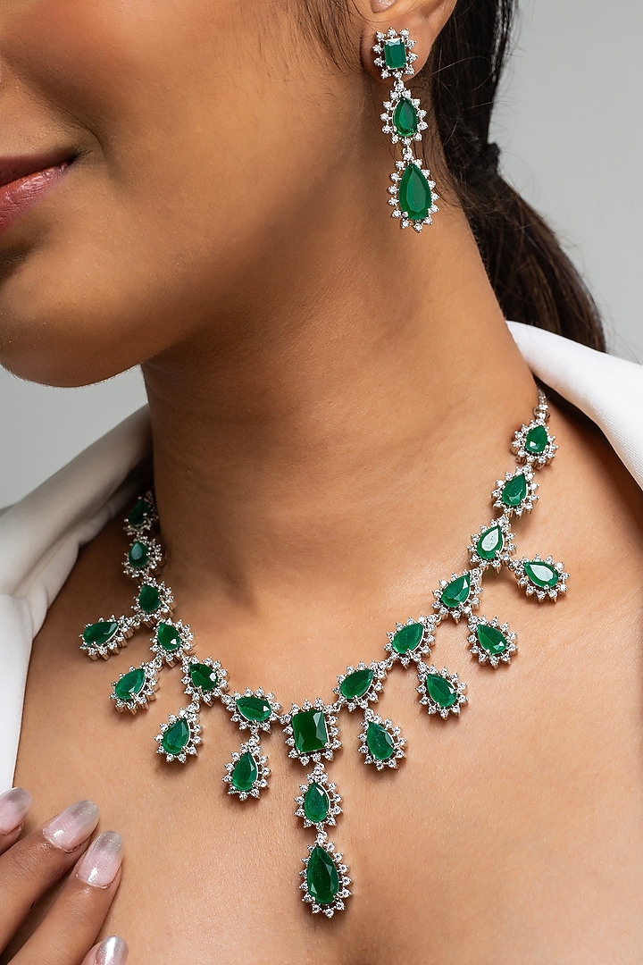 Gold Finish American Diamond & Green Stone Necklace Set by Zevar King at Pernia's Pop Up Shop