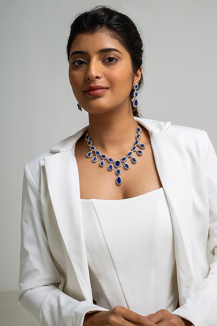 Gold Finish American Diamond & Blue Stone Necklace Set by Zevar King at Pernia's Pop Up Shop