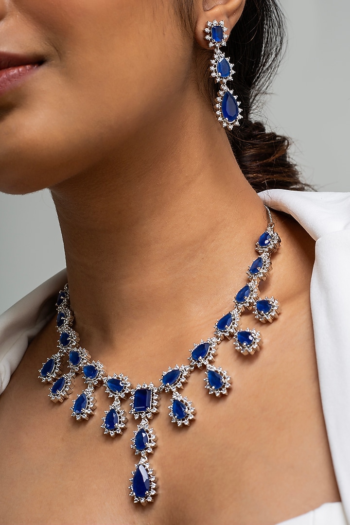 Gold Finish American Diamond & Blue Stone Necklace Set by Zevar King at Pernia's Pop Up Shop