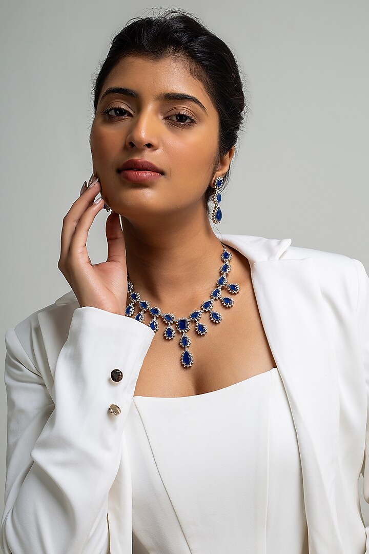 Gold Finish American Diamond & Blue Stone Necklace Set by Zevar King at Pernia's Pop Up Shop