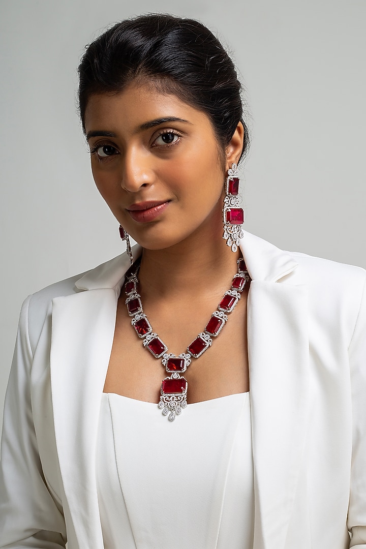 Gold Finish American Diamond & Red Stone Long Necklace Set by Zevar King at Pernia's Pop Up Shop