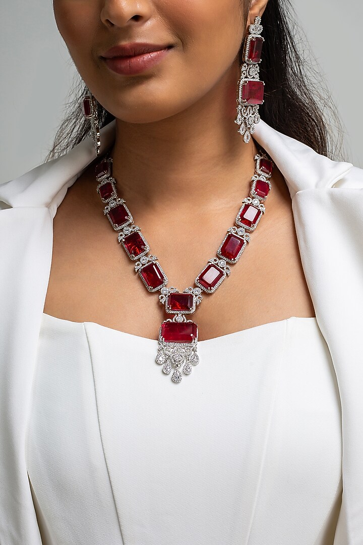 Gold Finish American Diamond & Red Stone Long Necklace Set by Zevar King at Pernia's Pop Up Shop