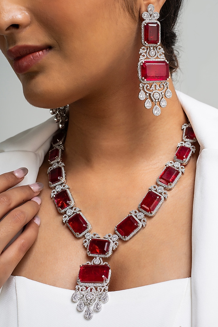 Gold Finish American Diamond & Red Stone Long Necklace Set by Zevar King at Pernia's Pop Up Shop