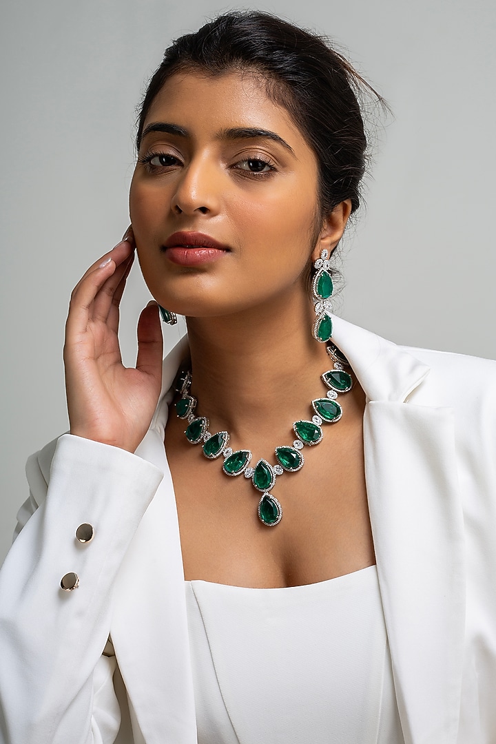 Gold Finish American Diamond & Green Stone Necklace Set by Zevar King at Pernia's Pop Up Shop