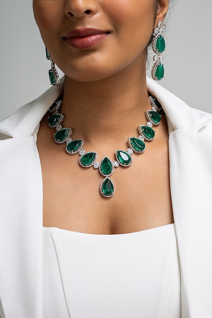 Gold Finish American Diamond & Green Stone Necklace Set by Zevar King at Pernia's Pop Up Shop