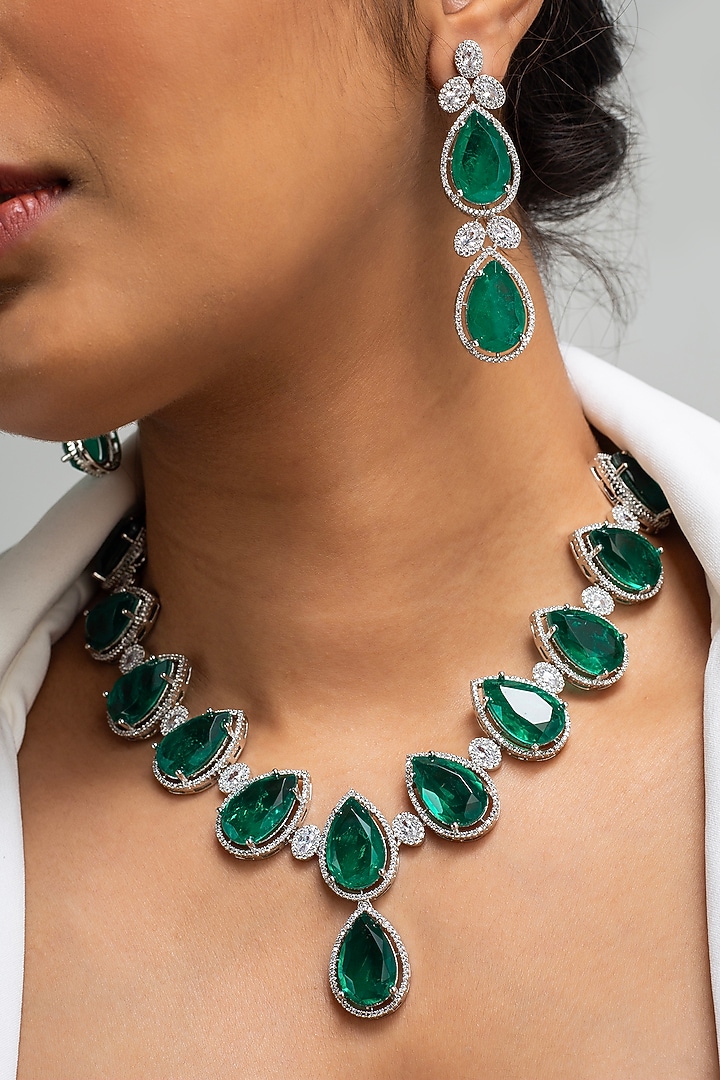 Gold Finish American Diamond & Green Stone Necklace Set by Zevar King at Pernia's Pop Up Shop