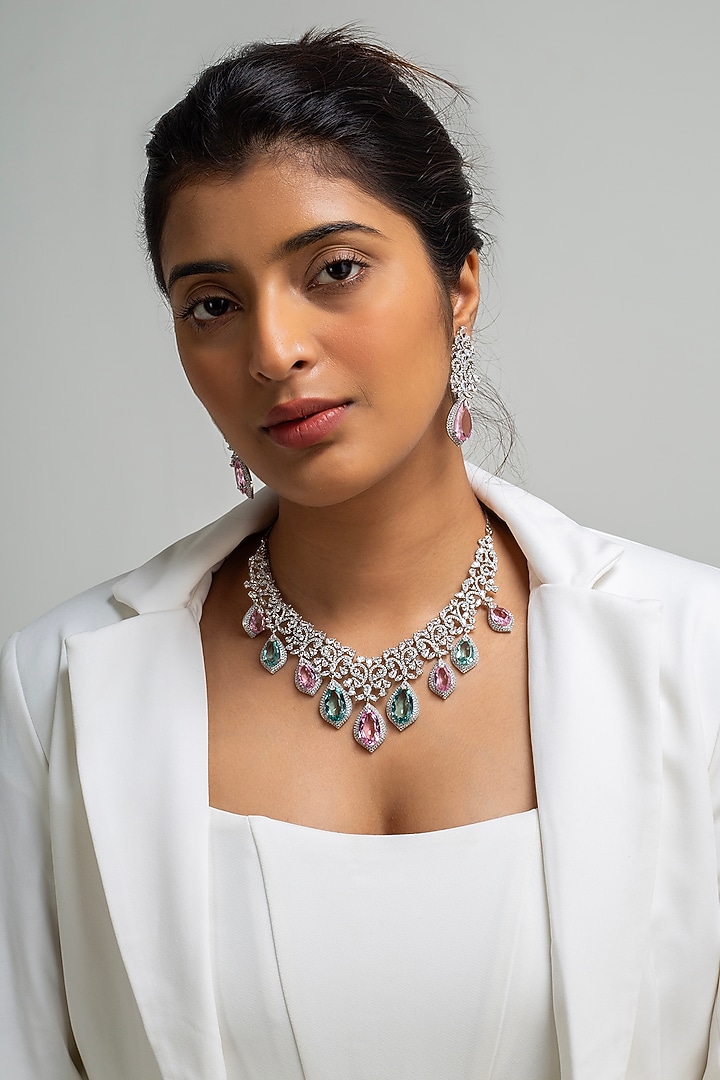 Gold Finish American Diamond & Multi-Colored Stone Necklace Set by Zevar King at Pernia's Pop Up Shop