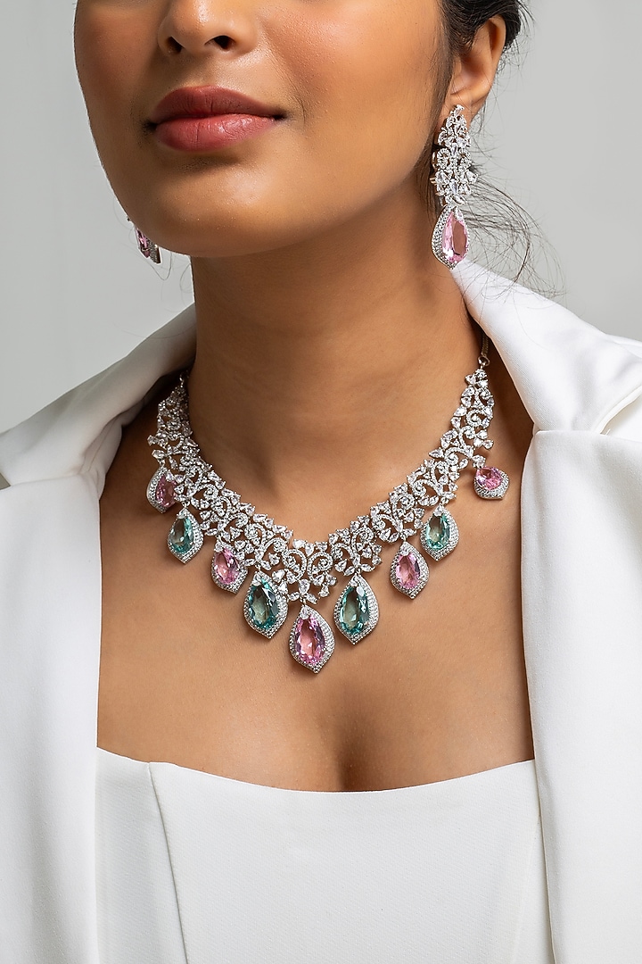 Gold Finish American Diamond & Multi-Colored Stone Necklace Set by Zevar King at Pernia's Pop Up Shop