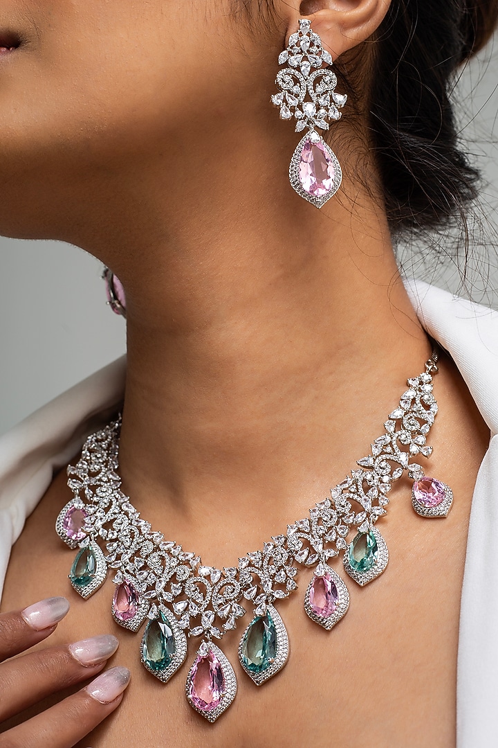 Gold Finish American Diamond & Multi-Colored Stone Necklace Set by Zevar King at Pernia's Pop Up Shop