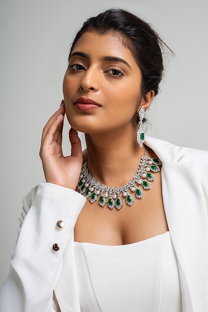 Gold Finish American Diamond & Green Stone Necklace Set by Zevar King at Pernia's Pop Up Shop