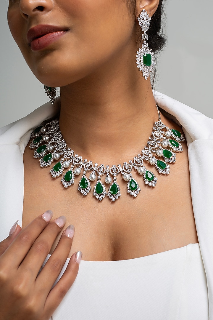 Gold Finish American Diamond & Green Stone Necklace Set by Zevar King at Pernia's Pop Up Shop