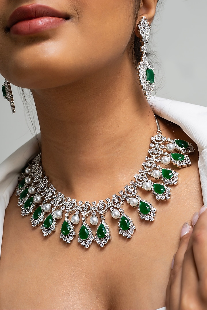 Gold Finish American Diamond & Green Stone Necklace Set by Zevar King at Pernia's Pop Up Shop