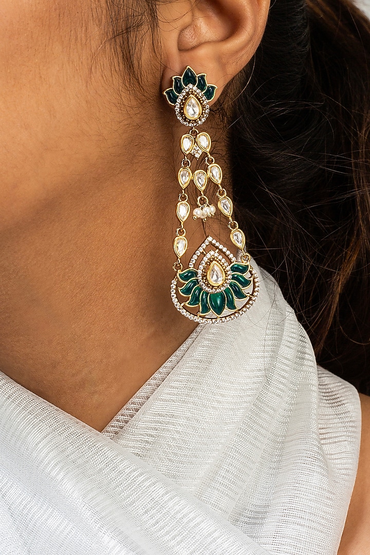 Gold Finish Green Kundan Polki Dangler Earrings by Zevar King at Pernia's Pop Up Shop