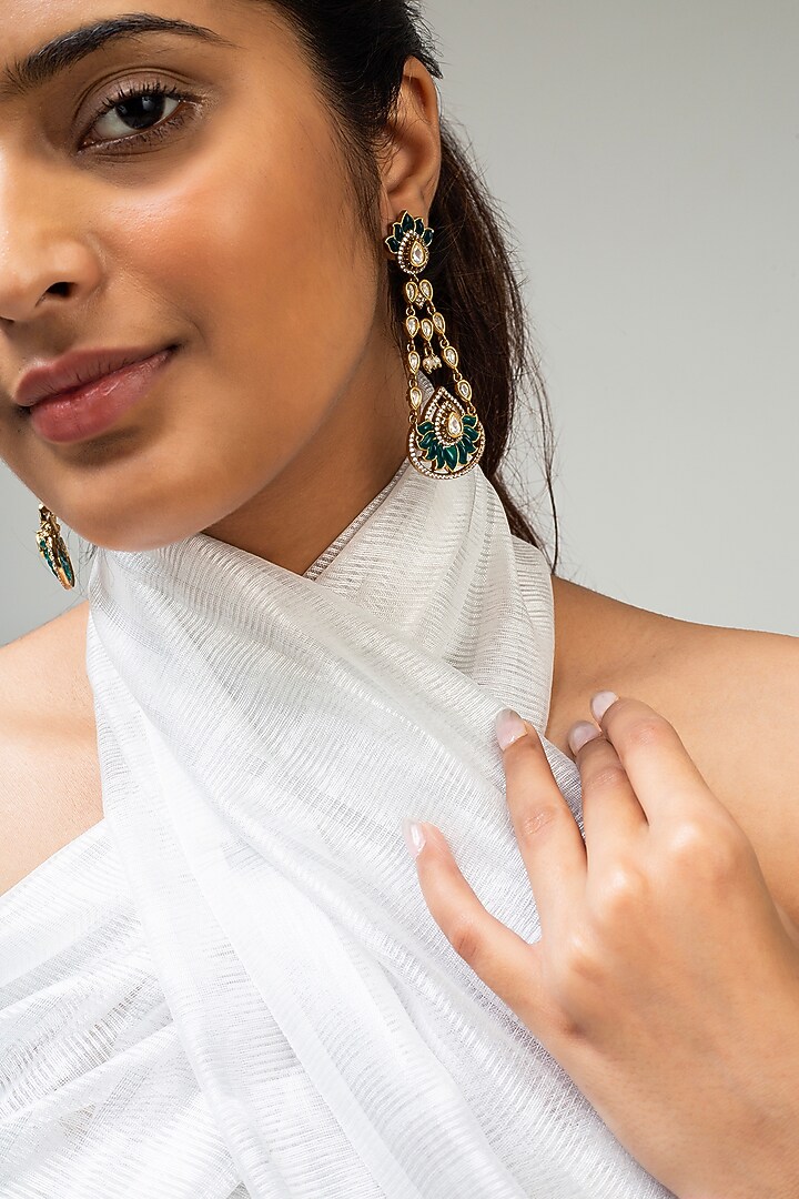 Gold Finish Green Kundan Polki Dangler Earrings by Zevar King at Pernia's Pop Up Shop