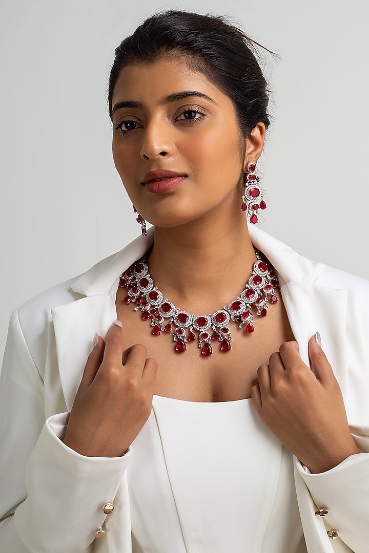 Gold Finish American Diamond & Red Stone Necklace Set by Zevar King at Pernia's Pop Up Shop
