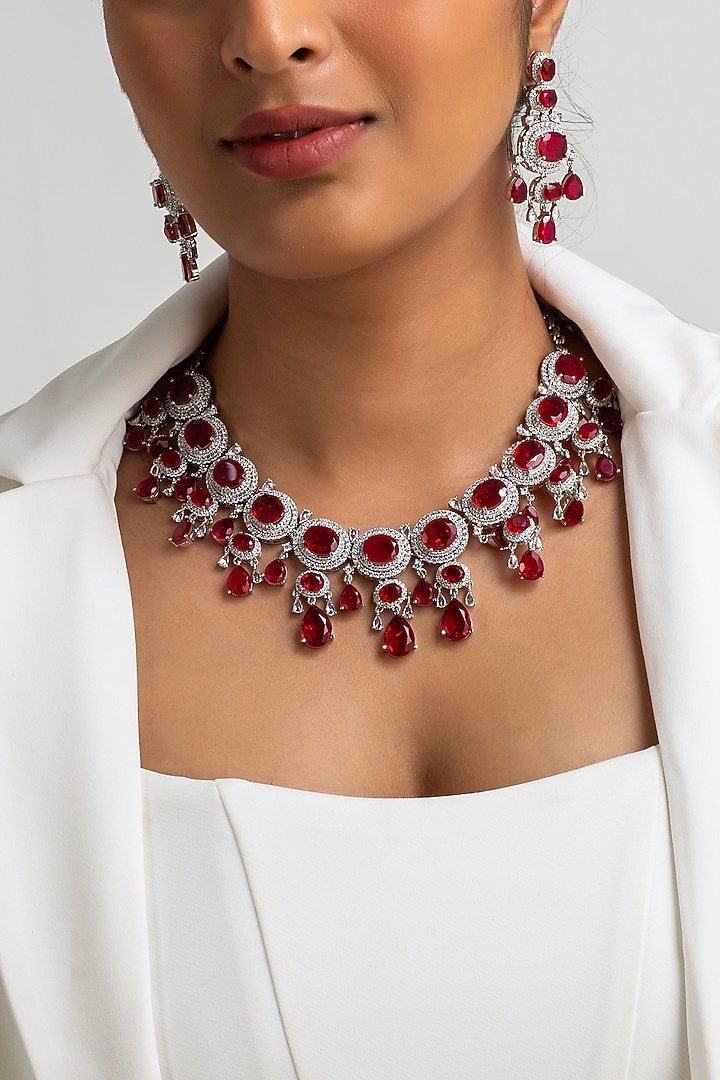 Gold Finish American Diamond & Red Stone Necklace Set by Zevar King at Pernia's Pop Up Shop