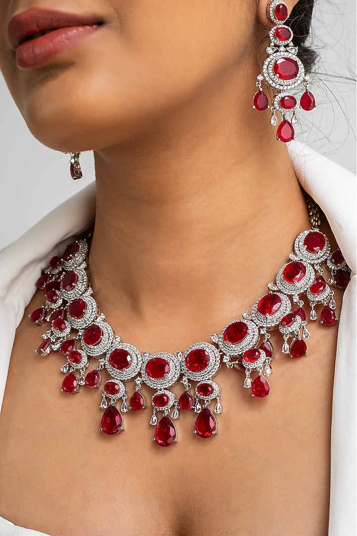 Gold Finish American Diamond & Red Stone Necklace Set by Zevar King at Pernia's Pop Up Shop