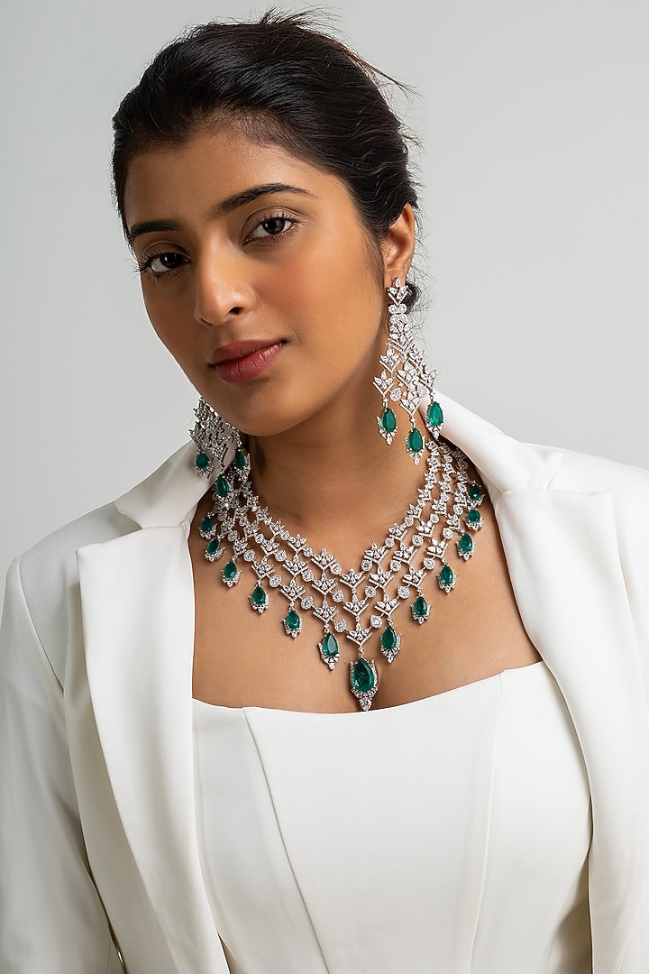 Gold Finish American Diamond & Green Stone Necklace Set by Zevar King at Pernia's Pop Up Shop