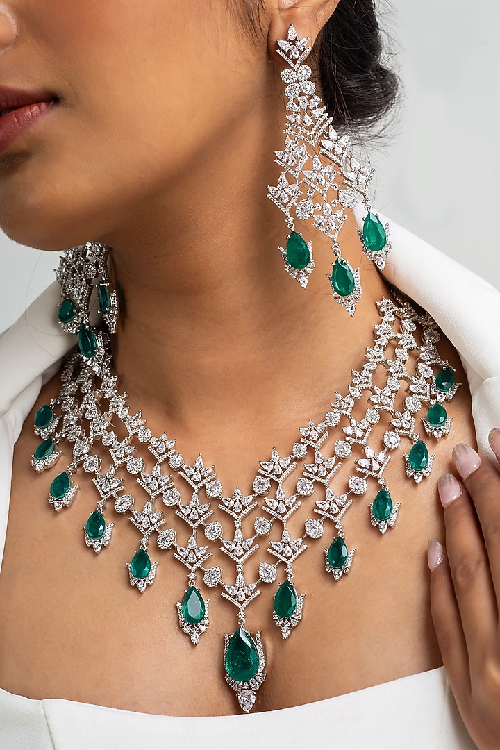 Gold Finish American Diamond & Green Stone Necklace Set by Zevar King at Pernia's Pop Up Shop