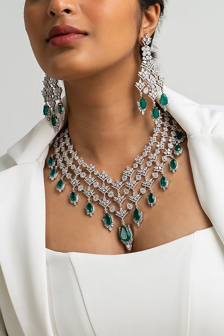 Gold Finish American Diamond & Green Stone Necklace Set by Zevar King at Pernia's Pop Up Shop