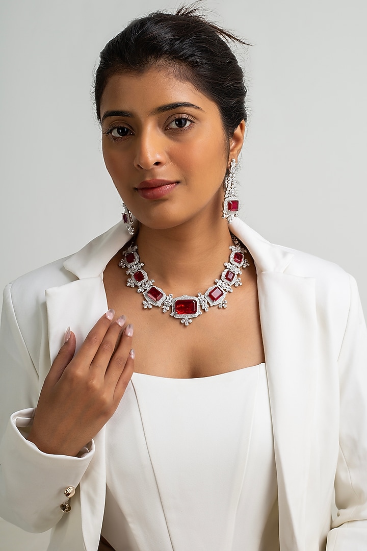 Gold Finish American Diamond & Red Stone Necklace Set by Zevar King at Pernia's Pop Up Shop