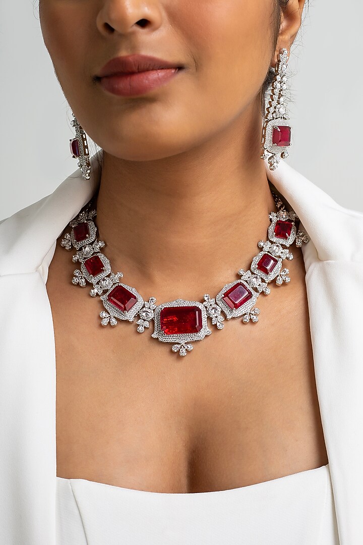 Gold Finish American Diamond & Red Stone Necklace Set by Zevar King at Pernia's Pop Up Shop