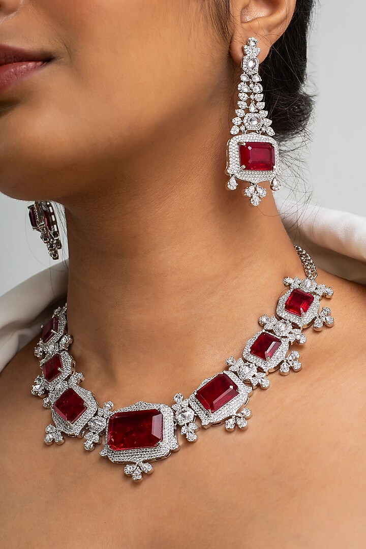 Gold Finish American Diamond & Red Stone Necklace Set by Zevar King at Pernia's Pop Up Shop