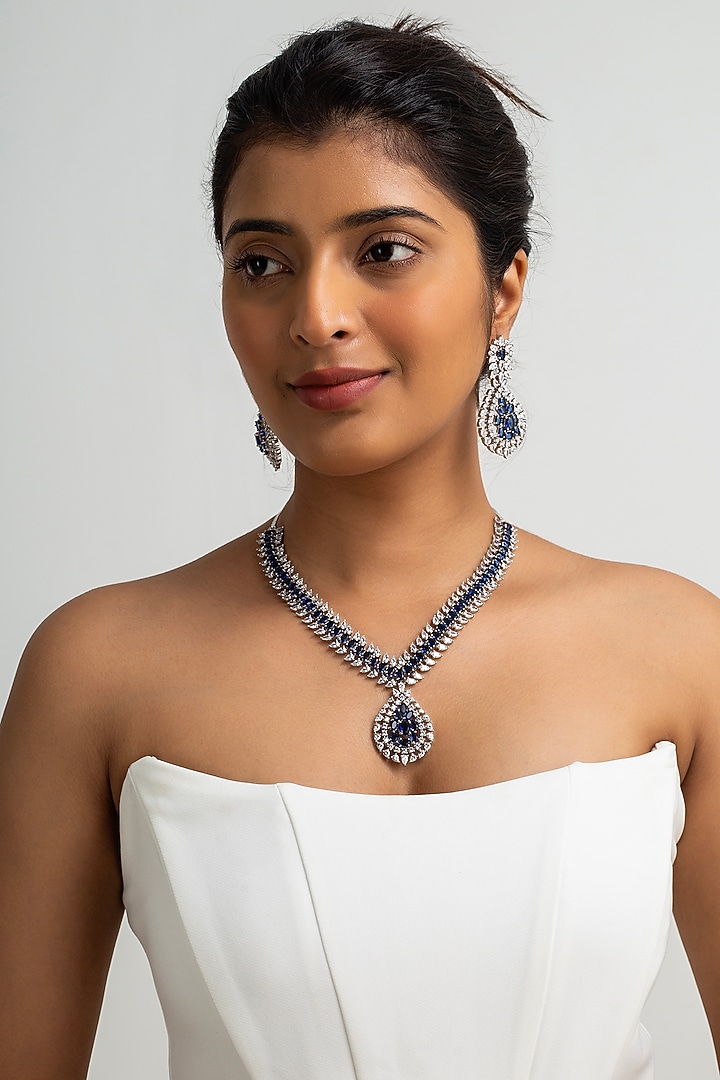 Gold Finish American Diamond & Blue Stone Necklace Set by Zevar King at Pernia's Pop Up Shop