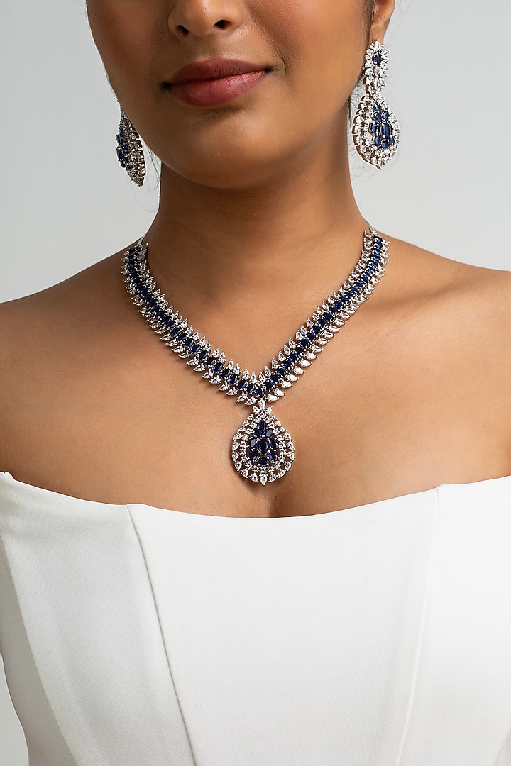 Gold Finish American Diamond & Blue Stone Necklace Set by Zevar King at Pernia's Pop Up Shop