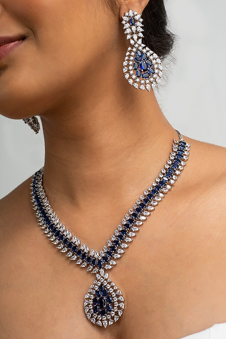 Gold Finish American Diamond & Blue Stone Necklace Set by Zevar King at Pernia's Pop Up Shop