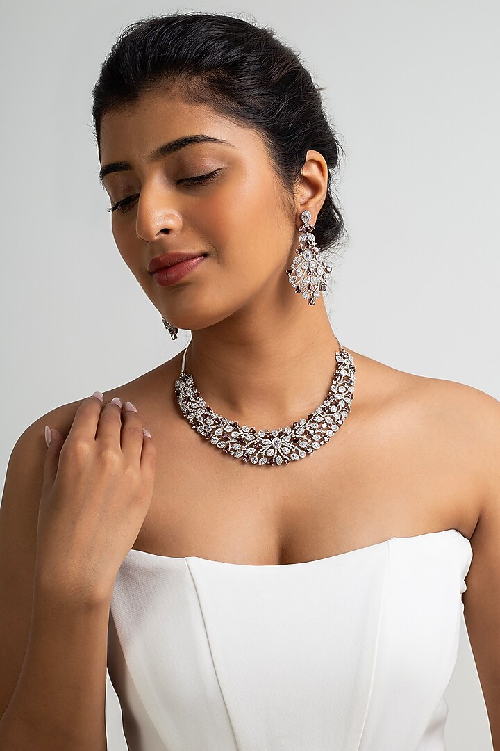 Gold Finish American Diamond & Brown Stone Necklace Set by Zevar King at Pernia's Pop Up Shop