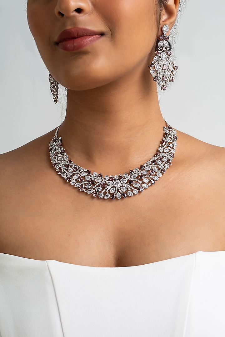 Gold Finish American Diamond & Brown Stone Necklace Set by Zevar King at Pernia's Pop Up Shop