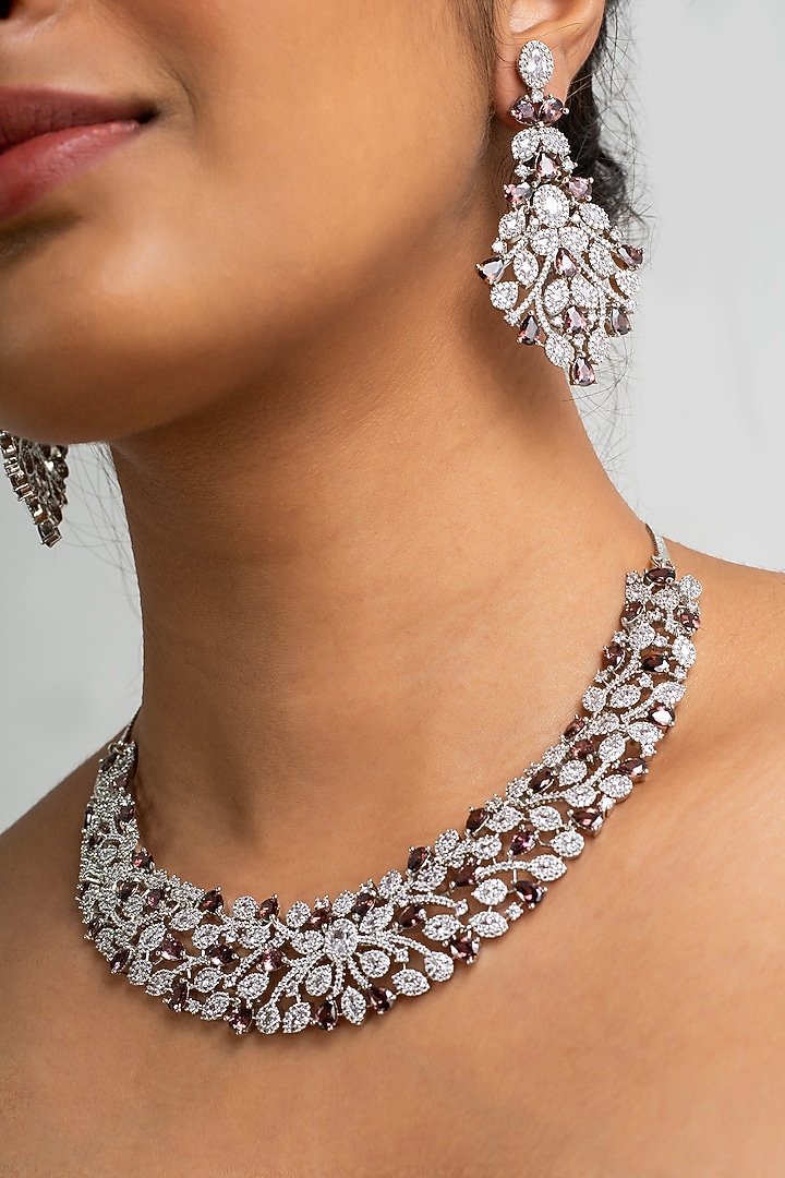 Gold Finish American Diamond & Brown Stone Necklace Set by Zevar King at Pernia's Pop Up Shop