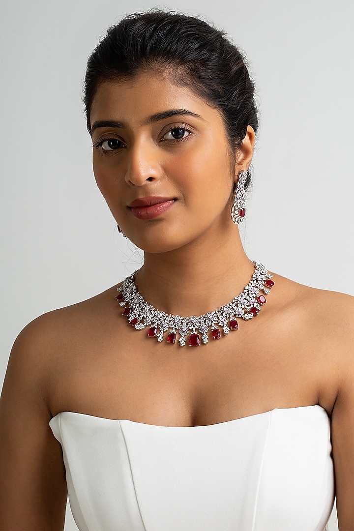 Gold Finish American Diamond & Red Stone Necklace Set by Zevar King at Pernia's Pop Up Shop