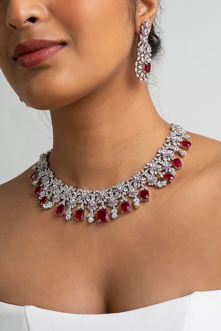 Gold Finish American Diamond & Red Stone Necklace Set by Zevar King at Pernia's Pop Up Shop
