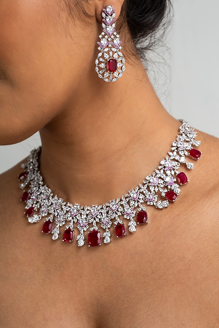 Gold Finish American Diamond & Red Stone Necklace Set by Zevar King at Pernia's Pop Up Shop
