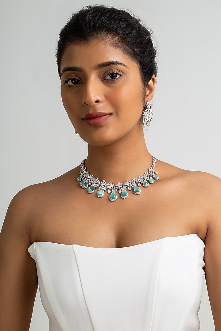 Gold Finish American Diamond & Mint Green Stone Necklace Set by Zevar King at Pernia's Pop Up Shop