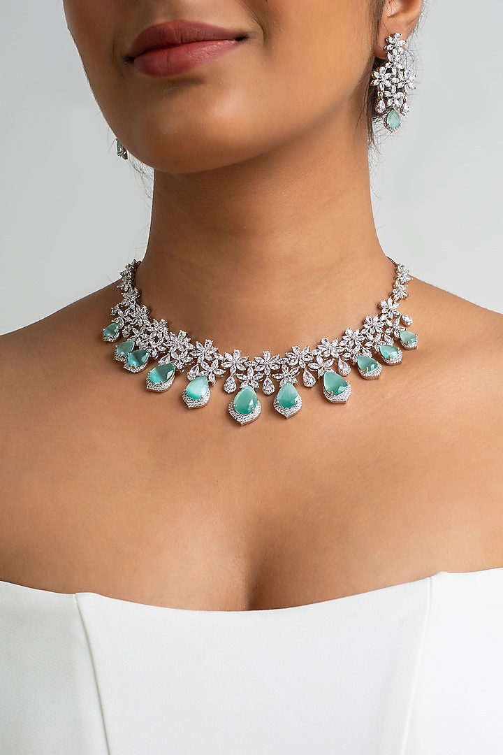 Gold Finish American Diamond & Mint Green Stone Necklace Set by Zevar King at Pernia's Pop Up Shop