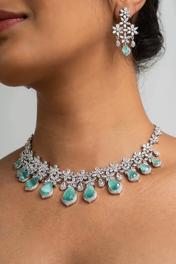Gold Finish American Diamond & Mint Green Stone Necklace Set by Zevar King at Pernia's Pop Up Shop