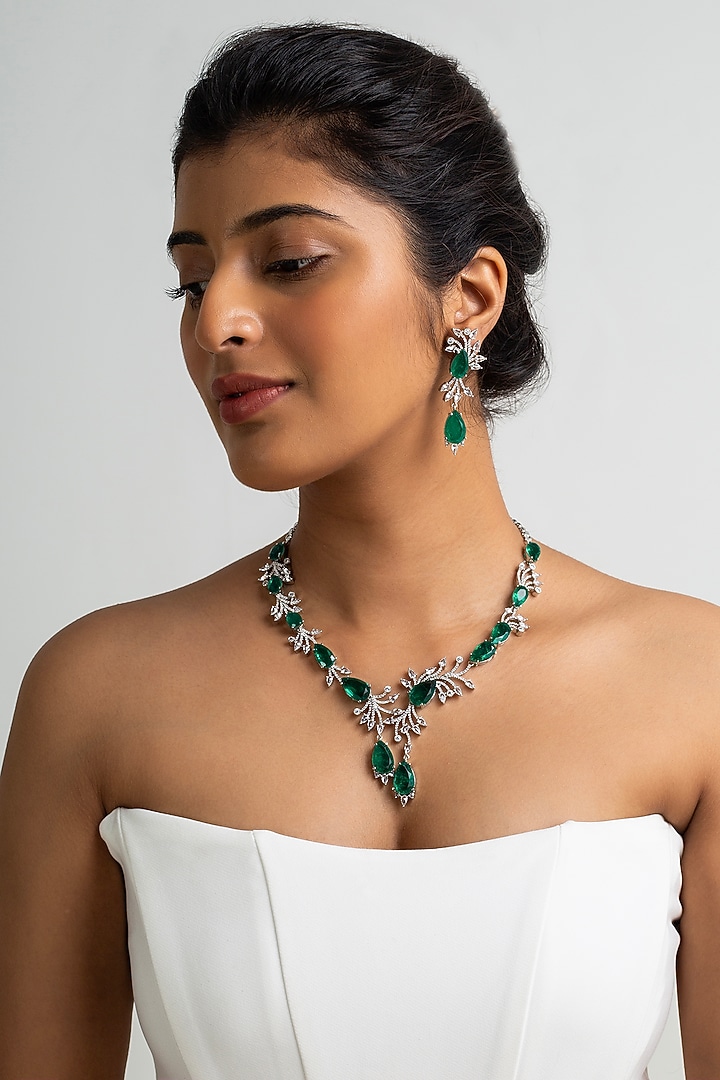 Gold Finish American Diamond & Green Stone Necklace Set by Zevar King at Pernia's Pop Up Shop