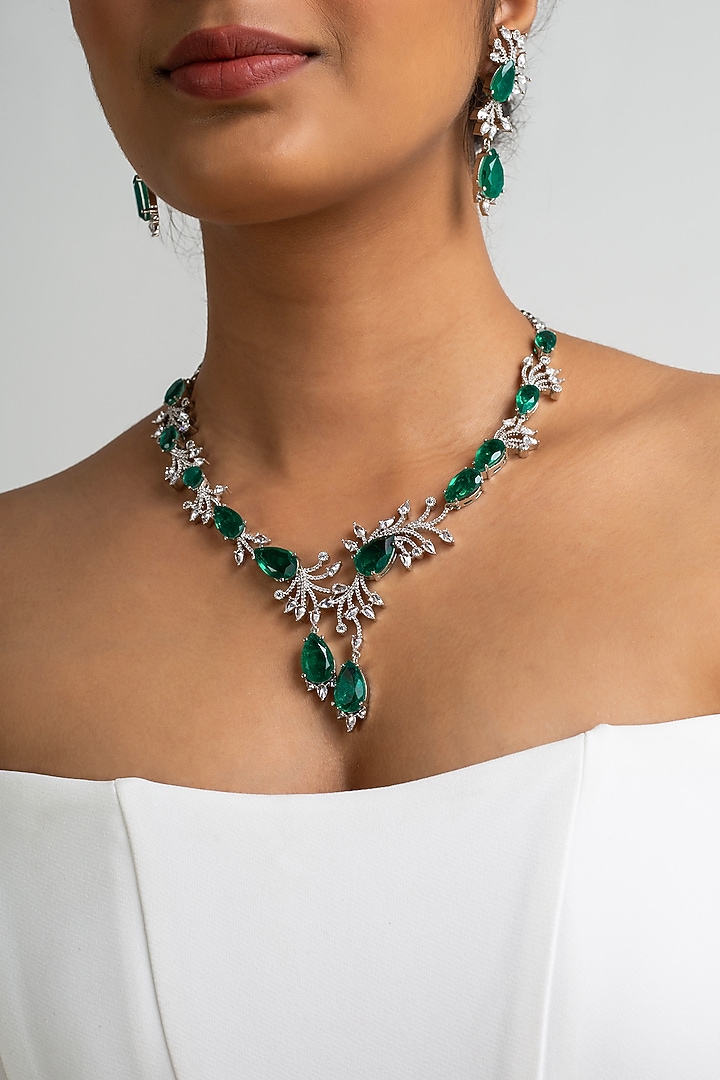 Gold Finish American Diamond & Green Stone Necklace Set by Zevar King at Pernia's Pop Up Shop
