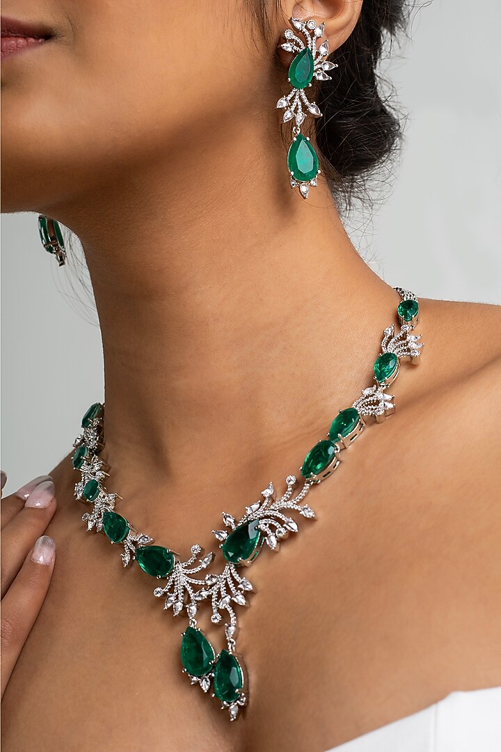 Gold Finish American Diamond & Green Stone Necklace Set by Zevar King at Pernia's Pop Up Shop