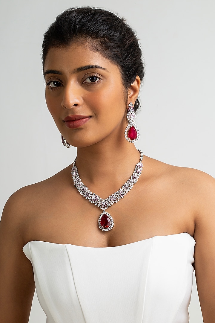 Gold Finish American Diamond & Red Stone Necklace Set by Zevar King at Pernia's Pop Up Shop