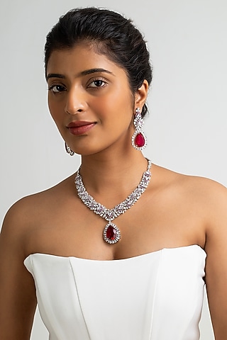 Gold Finish American Diamond & Red Stone Necklace Set by Zevar King