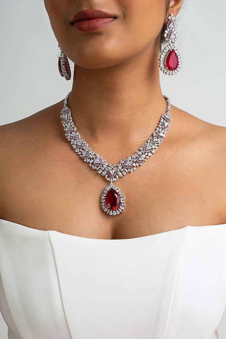 Gold Finish American Diamond & Red Stone Necklace Set by Zevar King at Pernia's Pop Up Shop