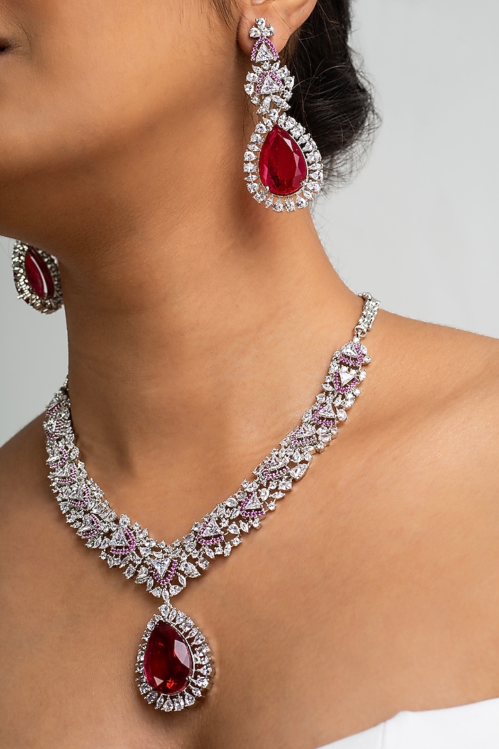 Gold Finish American Diamond & Red Stone Necklace Set by Zevar King at Pernia's Pop Up Shop