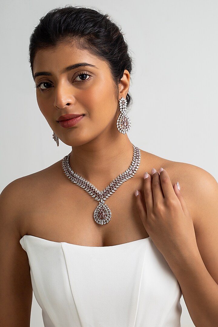 Gold Finish American Diamond & Pink Stone Necklace Set by Zevar King at Pernia's Pop Up Shop