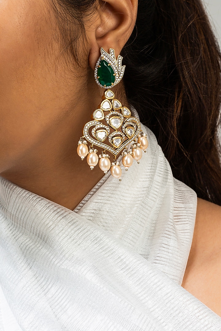 Gold Finish Green Kundan Polki Dangler Earrings by Zevar King at Pernia's Pop Up Shop