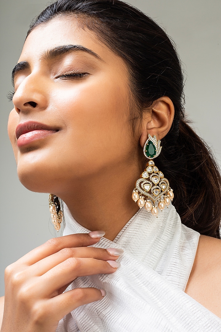 Gold Finish Green Kundan Polki Dangler Earrings by Zevar King at Pernia's Pop Up Shop