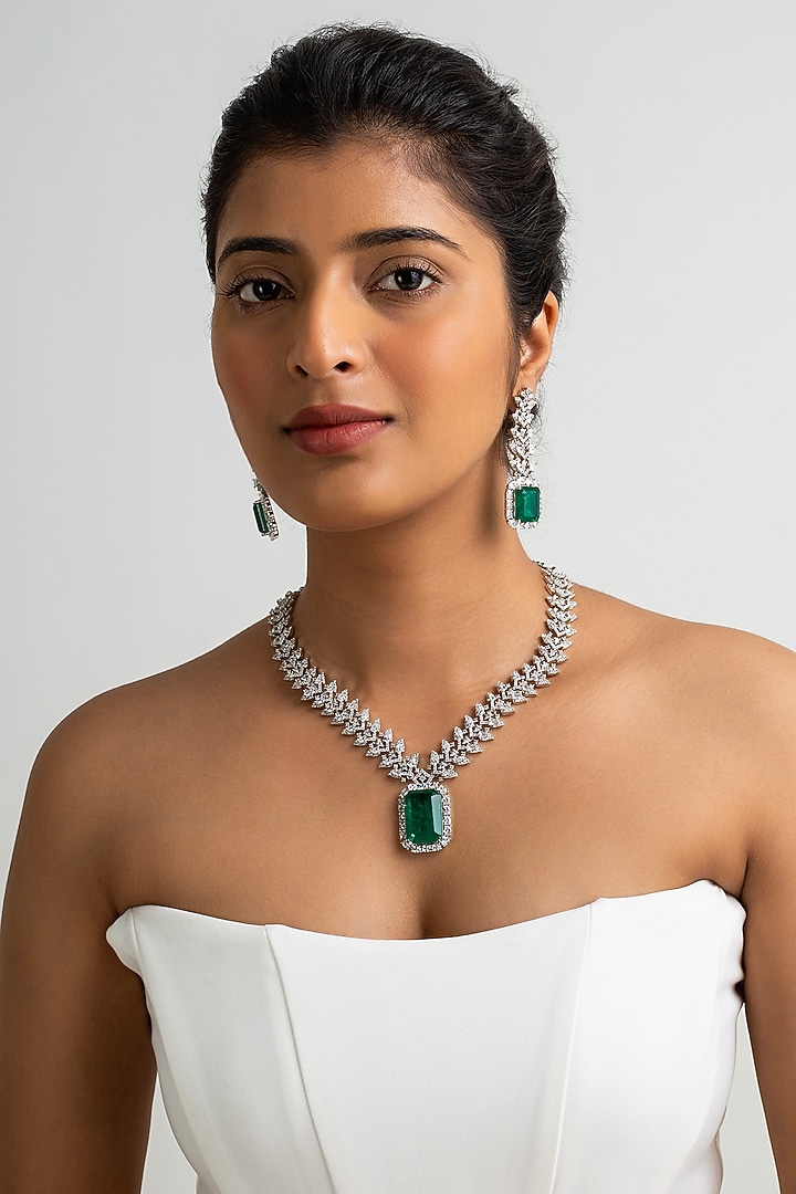 Gold Finish American Diamond & Green Stone Necklace Set by Zevar King at Pernia's Pop Up Shop